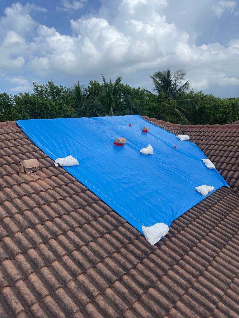 Blue tarp secured with sandbags on hip roof — palm trees in background